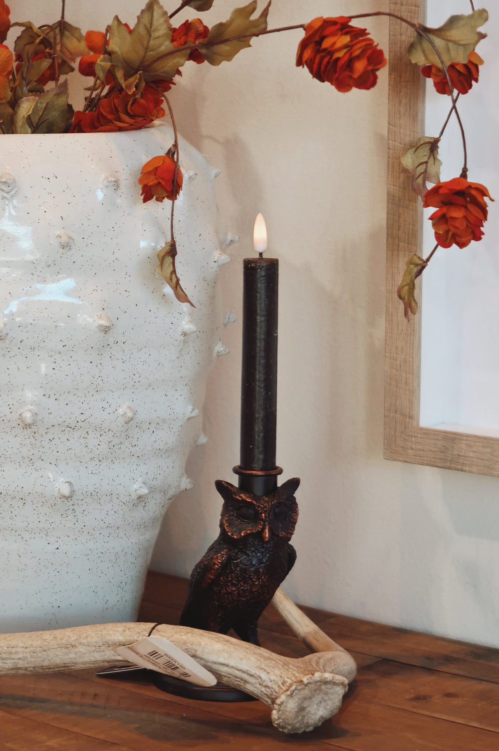 Antiqued Bronze Owl Taper Candle Holder