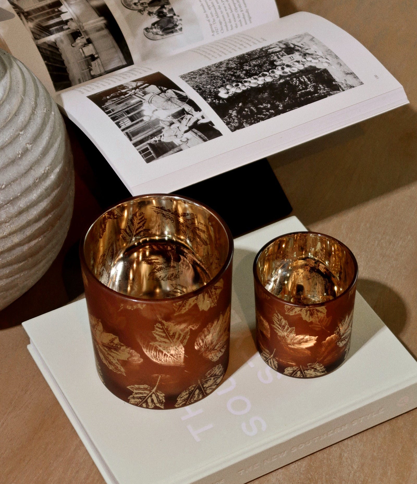 Frosted Metallic Leaf Hurricane Candle Holder- 2 sizes
