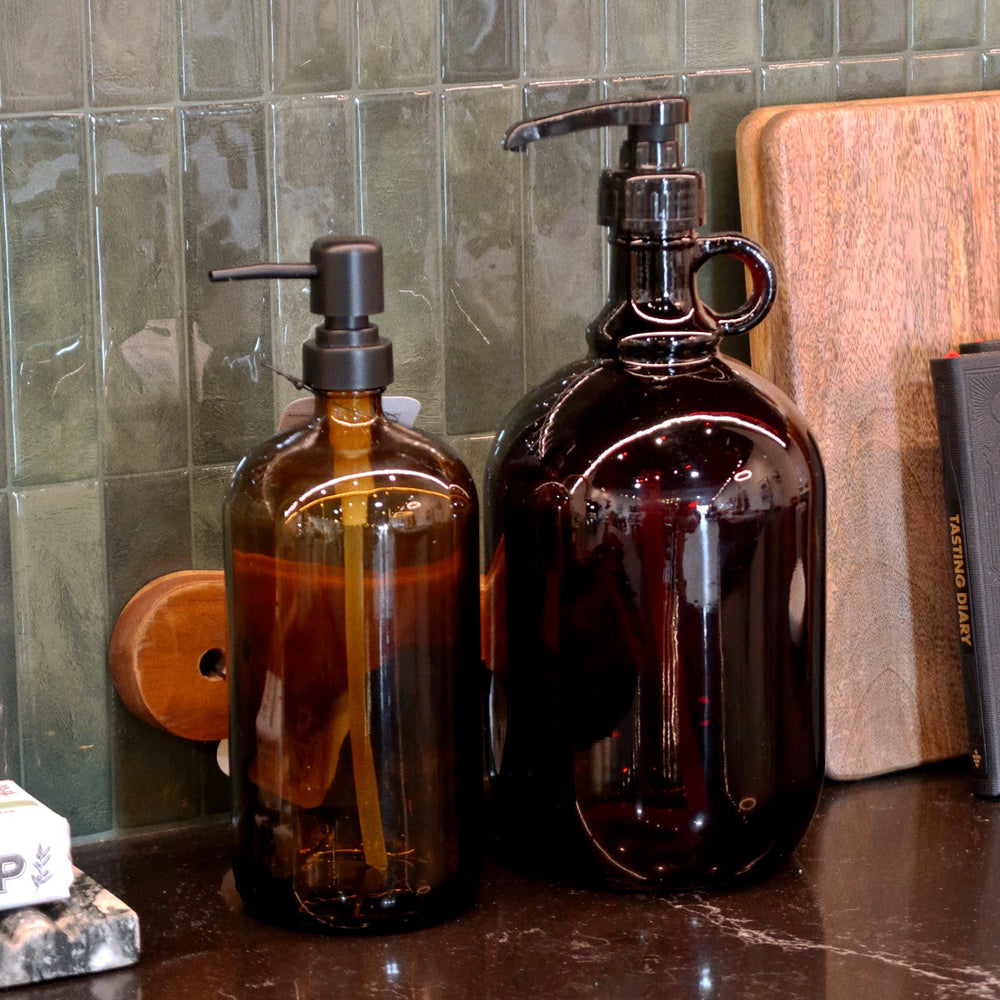 Brown Glass Pump Dispenser with Handle
