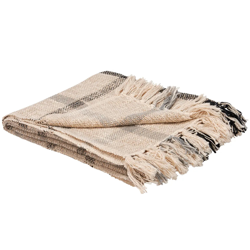 Neutral Plaid Patterned Cotton Throw Blanket with Tassels