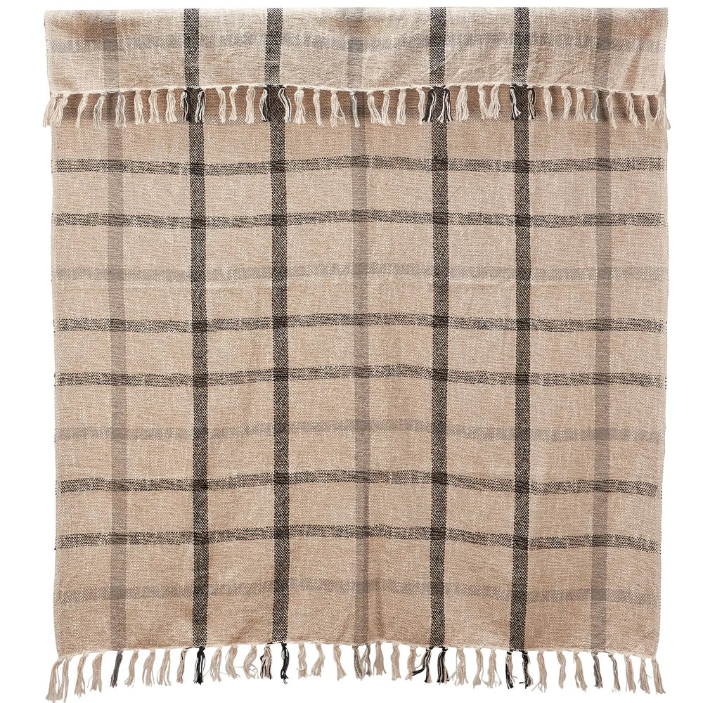 Neutral Plaid Patterned Cotton Throw Blanket with Tassels