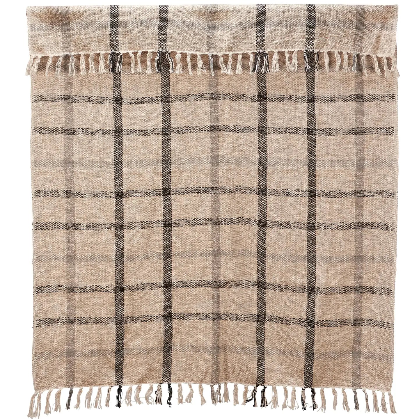 Neutral Plaid Patterned Cotton Throw Blanket with Tassels