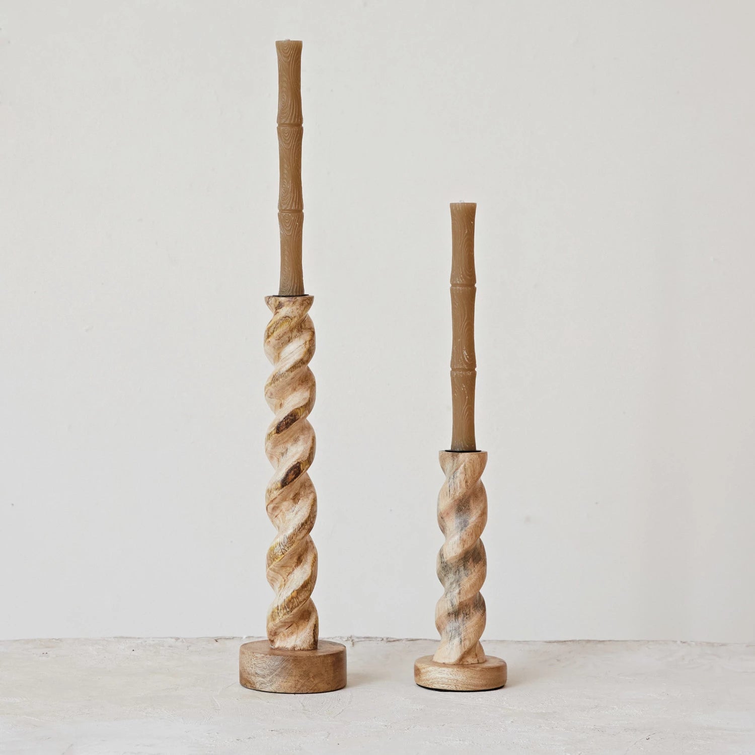 Twisted Wooden Taper Candle Holders - 2 Sizes