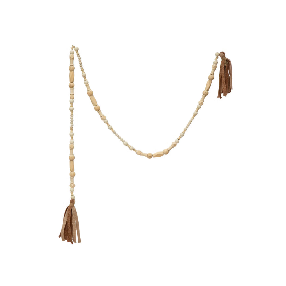 Wood Beaded Garland with Fabric Tassels